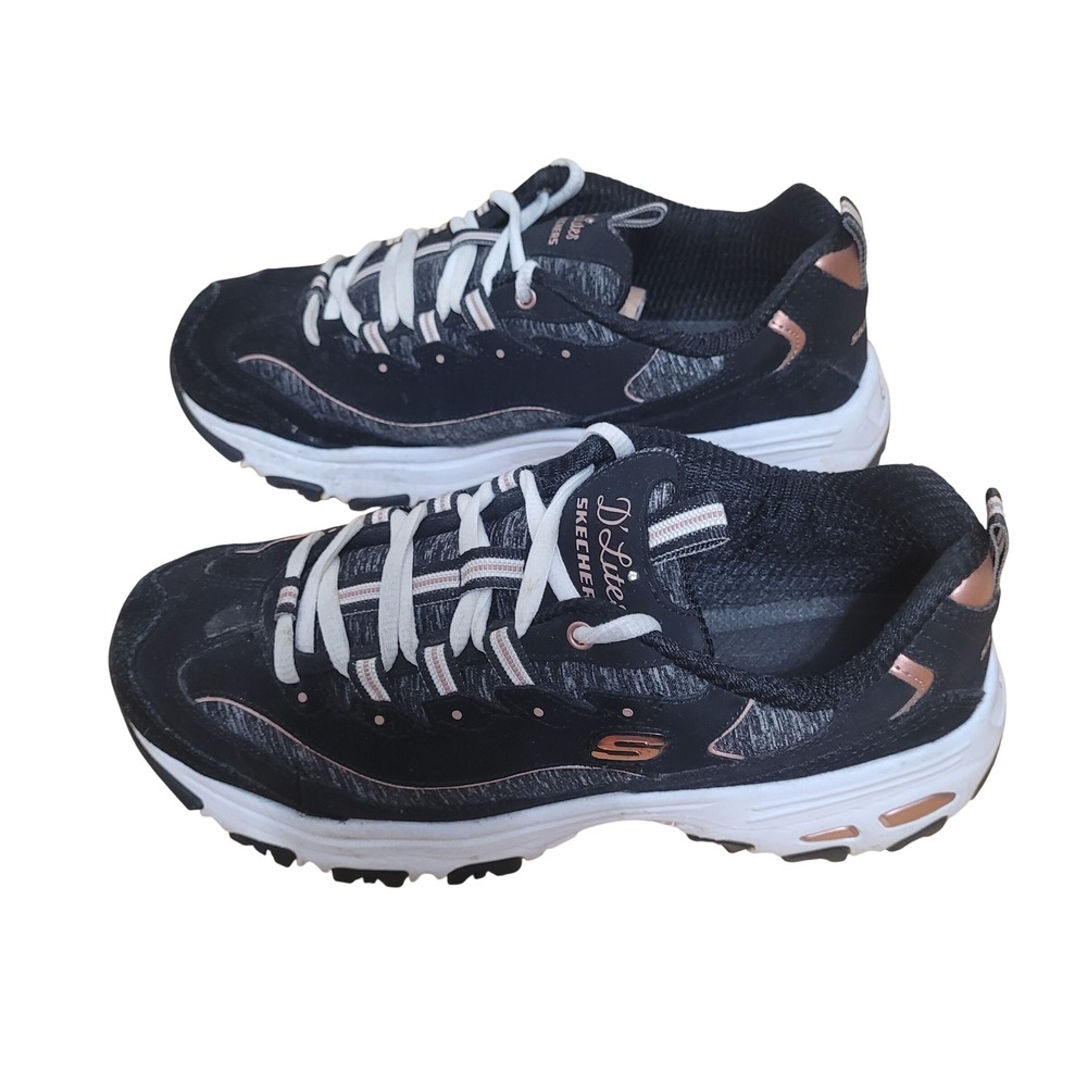Skechers DLites Womens Black Rose Gold Leather Sneakers 11936 BKRG Size 8